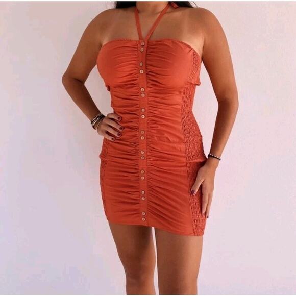 Free People Dresses & Skirts - Free People Orange Button Up Scrunch Hold On Halter Mini Dress Size Medium